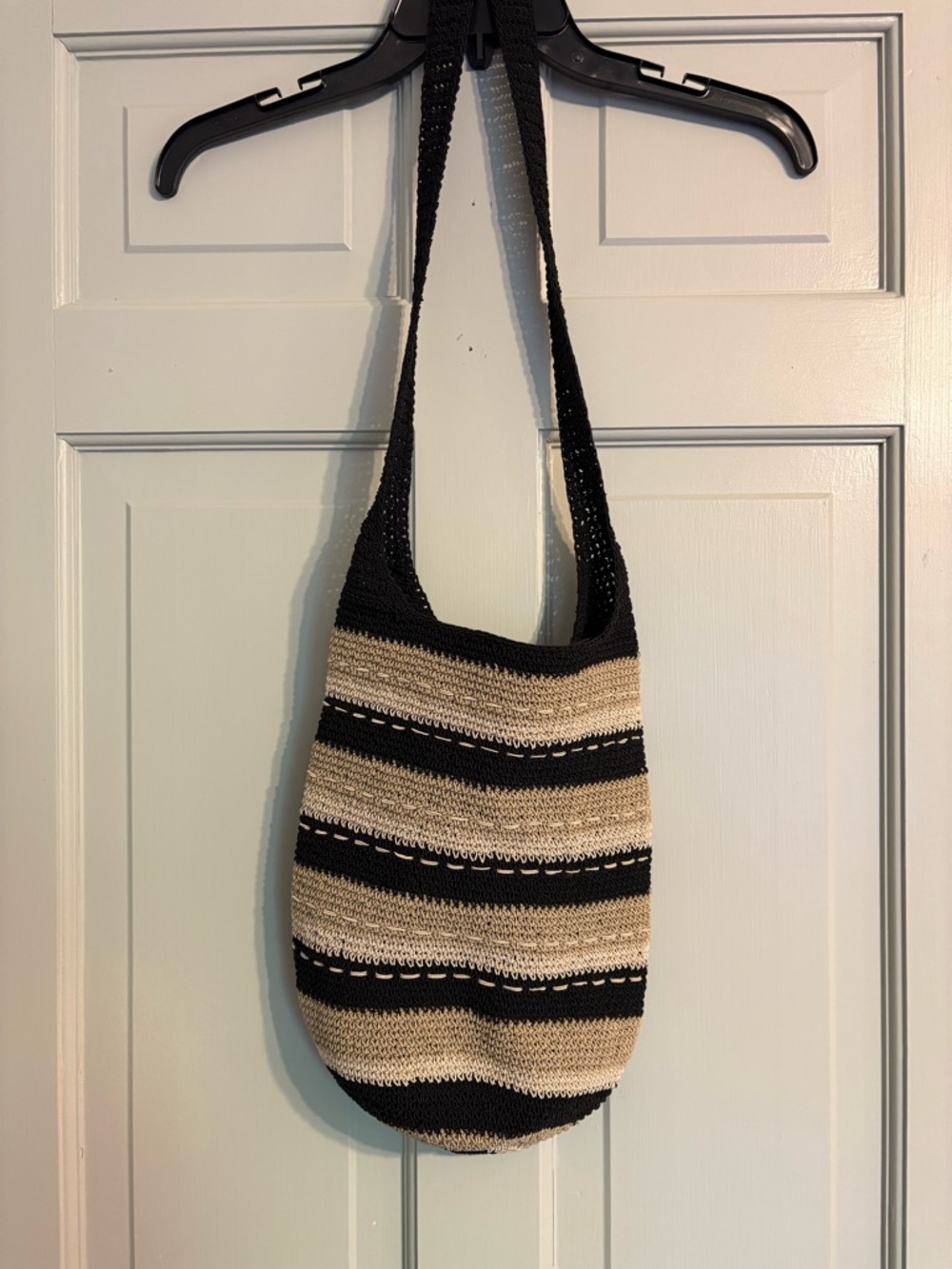 Woven Crochet Black and Tan Striped Shoulder Bag Summer Beach